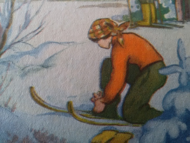 postikortti Martta Wendelin Tyttö ja poika hiihtämässä