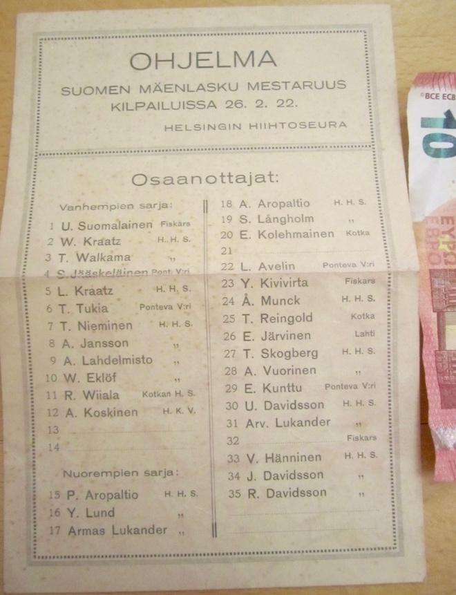VANHA Ohjelma Suomen Mäenlasku Mestaruuskisa 1922 Helsinki