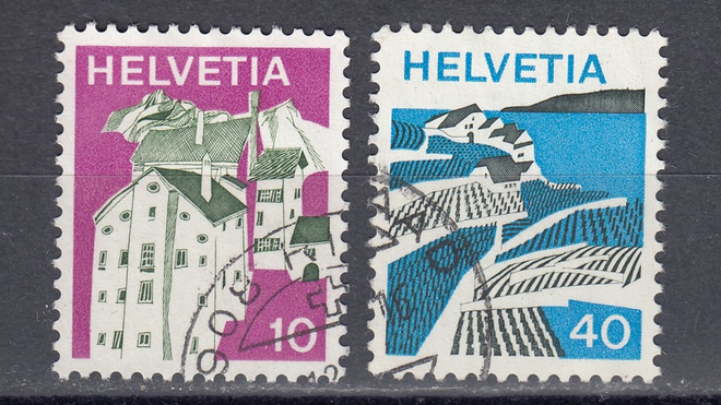 Sveitsi 1973 Mi 1004, 1008  Landscapes: Splügen, Riex