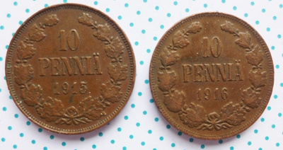 Raha kolikko 10 Penniä  SUOMI  1915 , 1916
