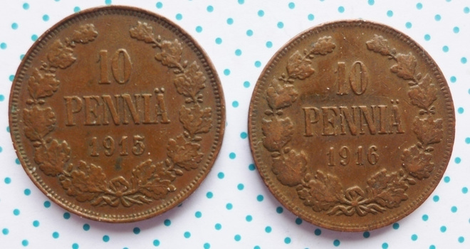 Raha kolikko 10 Penniä  SUOMI  1915 , 1916