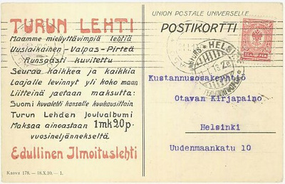 1913 kortti - TURUN LEHTI mainospainatus