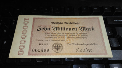 Germany Saksa Rautatie 10 millions Marks 1923 VF