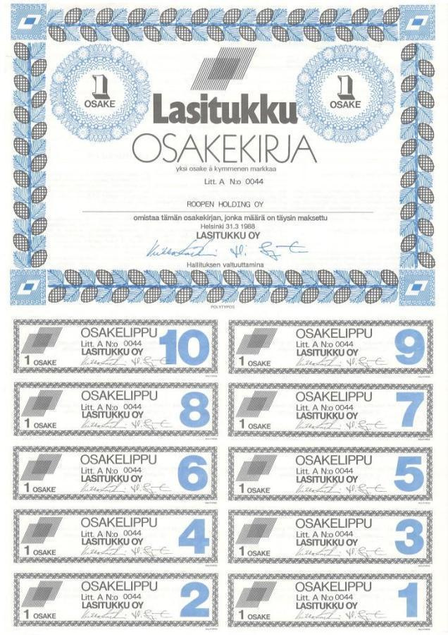 OKK 1988 Lasitukku Oy, Helsinki osakekirja