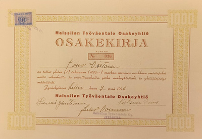 OKK 1946 Halssilan Työväentalo Oy, Jyväskylä osakekirja
