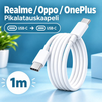 Valkoinen Realme/Oppo/OnePlus USB-C -> USB-C johto/1m #32178