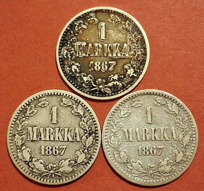 3 kpl 1 markka 1867, aika harvinaiset. (KD19)