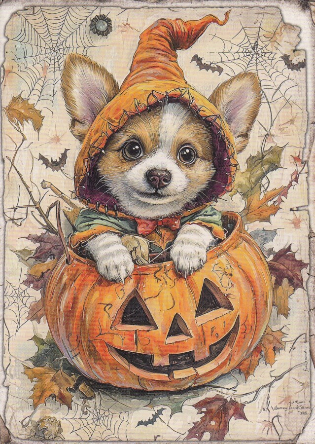 Halloween koira kurpitsa-astiassa