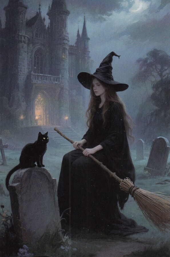 Halloween noita ja kissa linnan pihalla