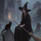 Halloween noita ja kissa linnan pihalla - pikkukuva 1