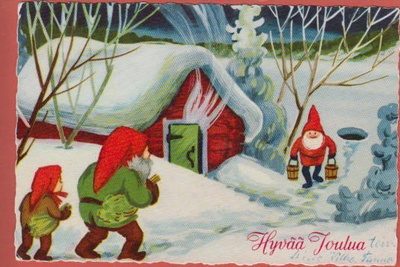 Tonttu kantaa saunavesiä, toiset jo menossa saunaan