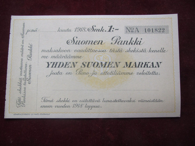 Yhden Suomen markkan shekki. Suomen pankki 1918