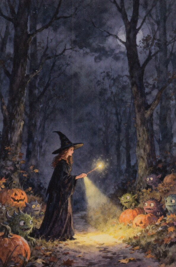 Halloween noita, kurpitsat tuijottavat metsässä