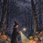 Halloween noita, kurpitsat tuijottavat metsässä - pikkukuva 1