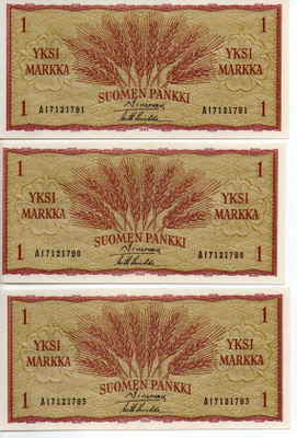 3 kpl Taittamattomat 1 markan rahat 1963