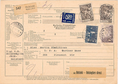 1932 postipaketti USAhan via Helsingfors direct