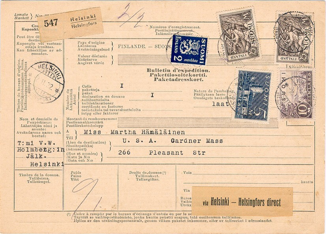 1932 postipaketti USAhan via Helsingfors direct