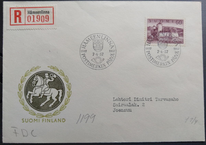 Käyttösarjan Olavinlinna -merkki 60 Mk, kulkenut FDC 1957