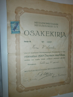 1923 Metsänomistajain Metsäkeskus O.Y., osakekirja