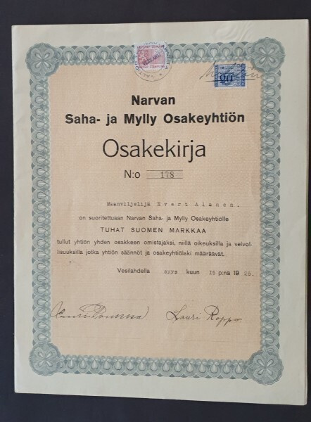 Veslilahti Narvan Saha- ja Mylly 1925 osakekirja