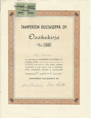 OKK 1951 Tampereen Kultaseppä Oy, Tampere osakekirja