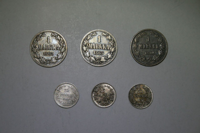 Suomi 6kpl hopearahoja alk. v.1865