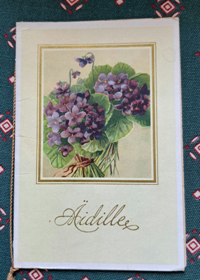 E.Kojine, äpvkortti, hortensia, taittokortti, kulkenut 1942