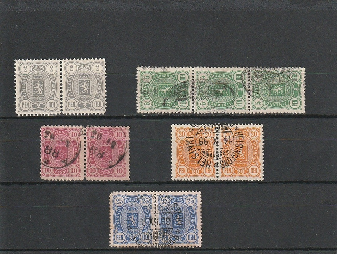1885-95 Vaakunamerkki pareja 2p-25p, osa leimaamattomia.