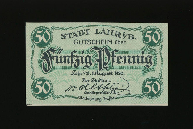 Saksa Notgeld 50 Pfennig, Lahr 1.8.1920