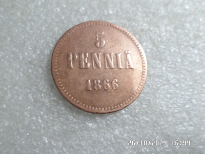 5  penniä  1866    paljon kulkenut   mutta siisti raha ,