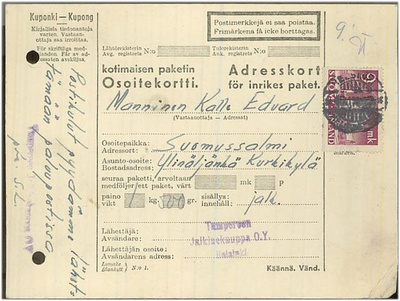 1942 9mk postitalo pakettikortilla