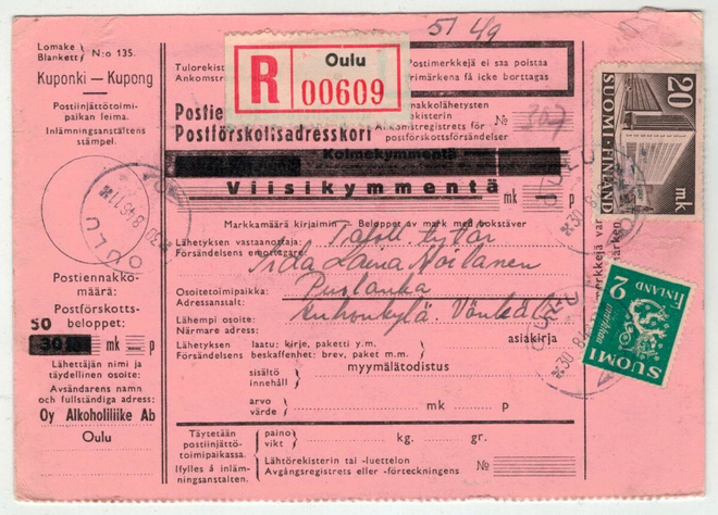 M30 1946 kirjattu postiennkkoasiakirja