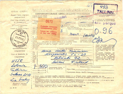 POSTILÄHETYS PAKETTIKORTTI TALLINNA -HELSINKI 92