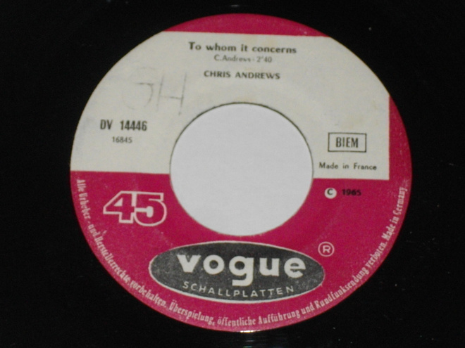 7" CHRIS ANDREWS - To Whom It Concerns - single 1966 EX