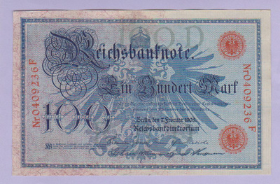 Saksa 100 Mark Reichsbanknote v.1908 UNC P-33b