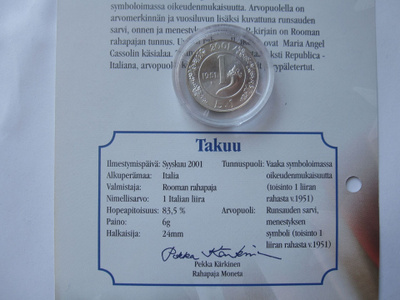 Italia 1 liira 2001 Storia della lira hopeaa