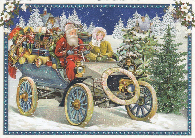 Joulupukilla auto täynnä lahjoja (Tausendschön-kortti)