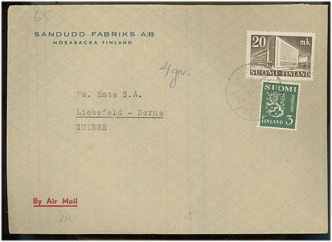 1945 20mk postitalo ym lentokirje Sveitsiin