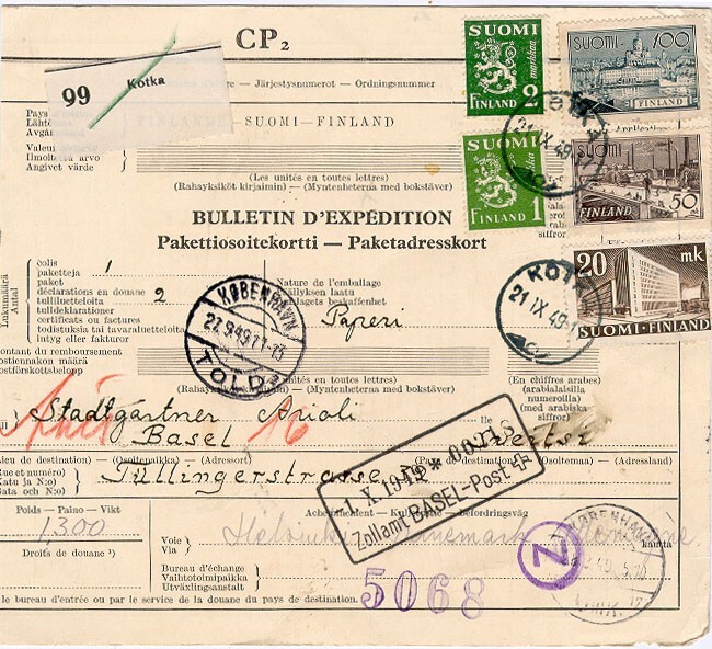 1949 postipaketti Sveitsiin via Helsinki, Danemark