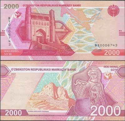 Uzbekistan 2000 Som 2021 UNC uusi design ja arvo