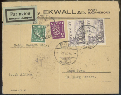 M30 1934 lentokirje Etelä-Afrikkaan