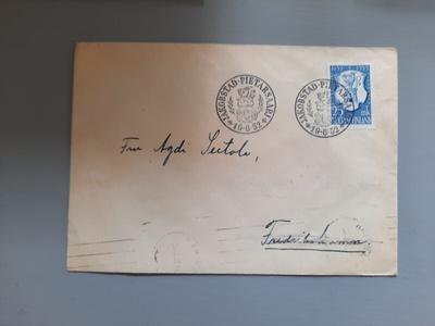 FDC Suomi 1952 Pietarsaari, kulkenut leimaa kuvapuolella