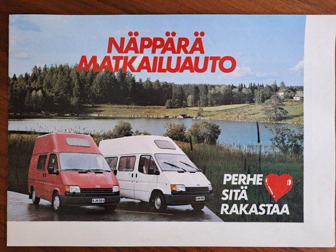 Ford Transit retkeilyauto -esite 80-luvun lopusta