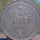 5 ÖRE 1897 – pronssinvärinen kolikko. Halkaisija: 26 mm. - pikkukuva 3