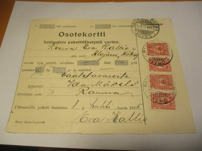 1915 Rauma pakettikortti os Alajärvi