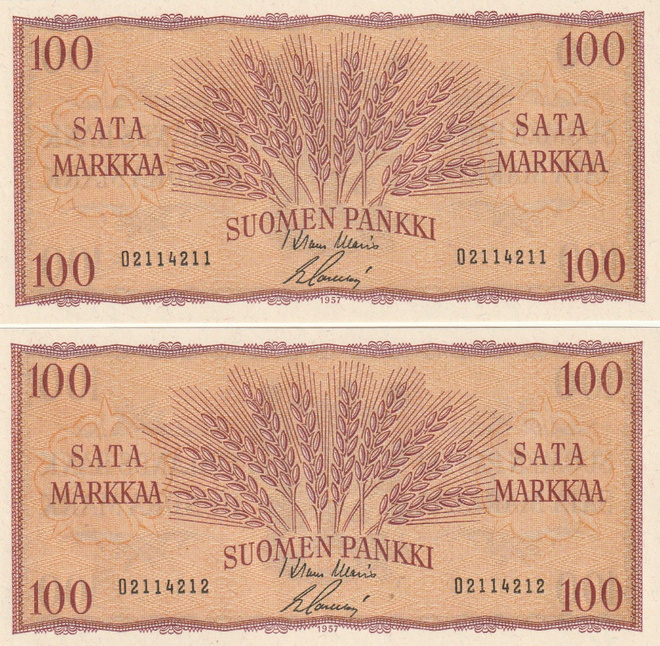 Suomi  100 mk 1957  2 kpl  O2114211- ...12 peräkk.no:t  kl 9