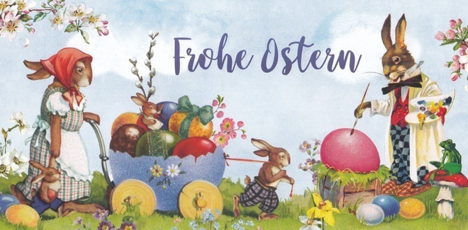 Carola Pabst: Jänisperhe pääsiäistouhuissa (panoraamakortti)