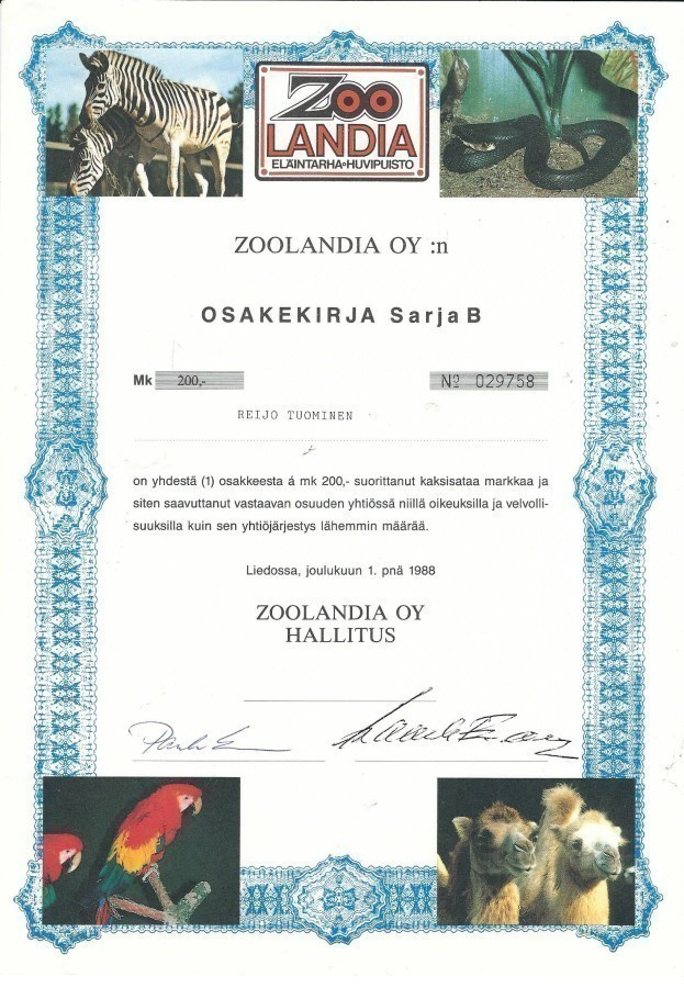 OKK 1988 Zoolandia Oy , Lieto osakekirja