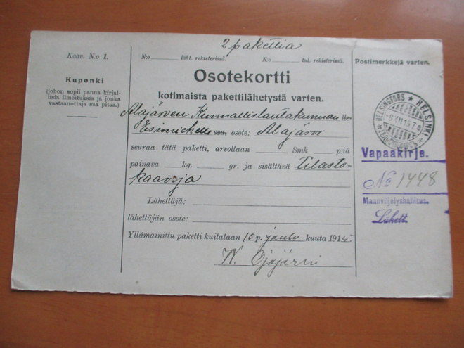 1918 Maanviljelyshallitus kahden paketin vapaaosoitekortti