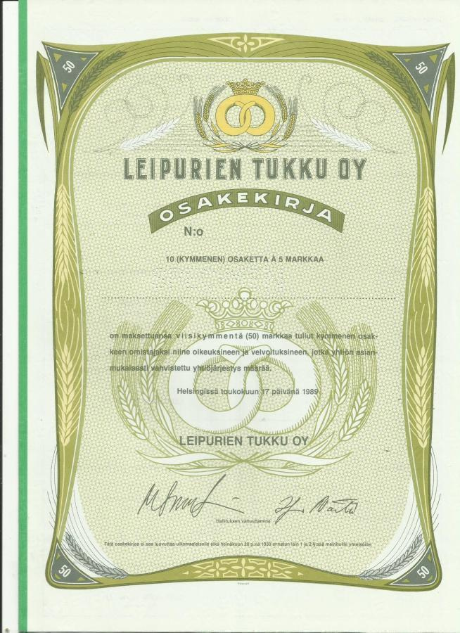 OKK 1989 Leipurien Tukku Oy  spec, Helsinki pörssi osakek.